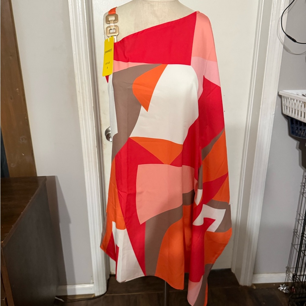 Geometric Red and Orange‎ Asymmetrical Dress